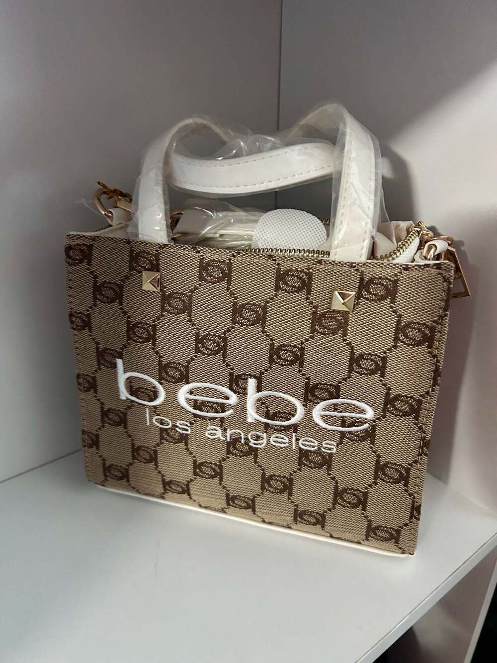 bebe Talulla Mini Satchel Brown Monogram with white Handles and Crossbody Strap